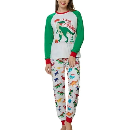 

Gureui Matching Family Christmas Parent-Child Pajamas Set Casual Cartoon Dinosaur Print Long Sleeve Crew Neck T-Shirt Tops + Elastic Waist Long Trousers/Long Romper For Adults/Kids/Baby Home wear