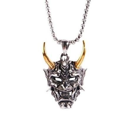 PikaLF Skull Necklace for Men, Golden Horn Skull Necklace, Gothic Demon Skull Head Necklace Halloween, Viking Skull Pendant Necklace with 23.6” Chain, Punk Skull Jewelry Gift for Men