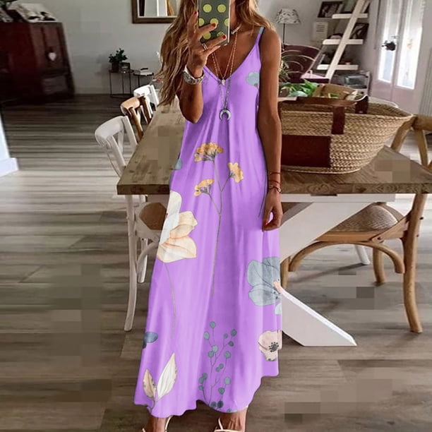 ICHUANYI Clearance Women's Summer Fashion Printed V-Neck Sleeveless Suspenders Pullover Dress(Purple, L) ICHUANYI WER2023081108908