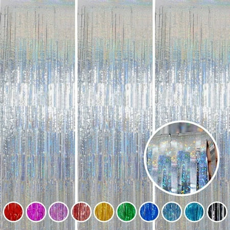 3 Pcs/Lot Laser Glitter Rain Curtain Foil Fringe Tinsel Backdrop for Birthday Wedding Party Home Background DIY Decoration 3.3×6.6Ft(Sliver)