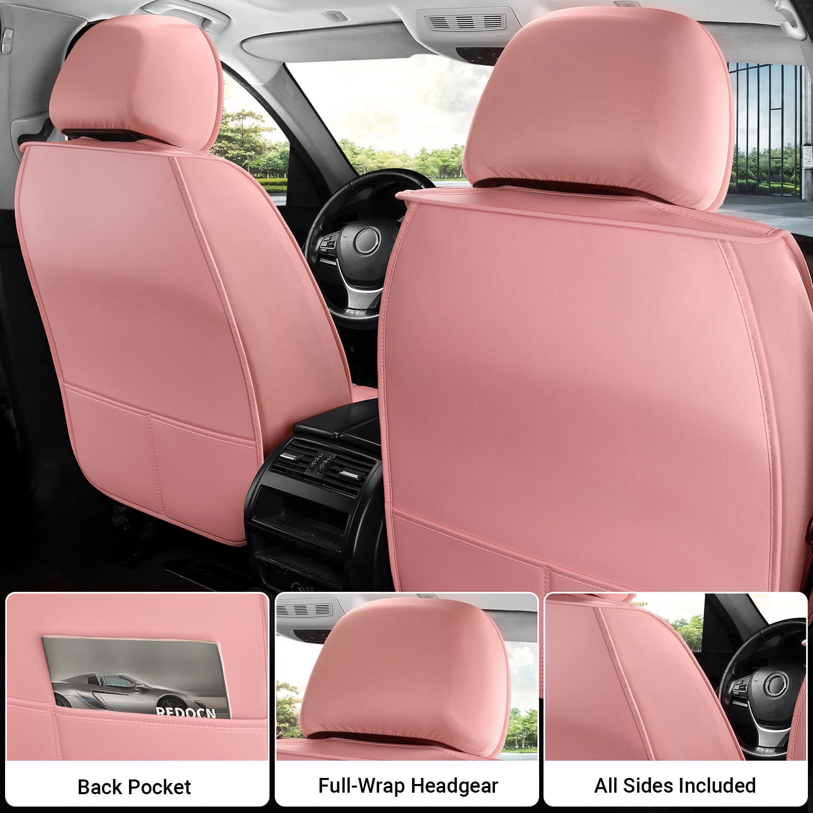 OTOEZ Universal Pink Car Seat Cover PU Leather 5-Seat Full Set Waterproof Front & Rear Cushion Protector Fit Most Honda Toyota Chevy Ford Nissan SUV