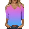 thumbnail image 1 of cfhntfmh 3/4 Sleeve Tops for Women Fashion Cold-Shoulder V Neck Printed T-Shirts Fall Lounge Solid Color Basic Vacation Shirts, 1 of 5