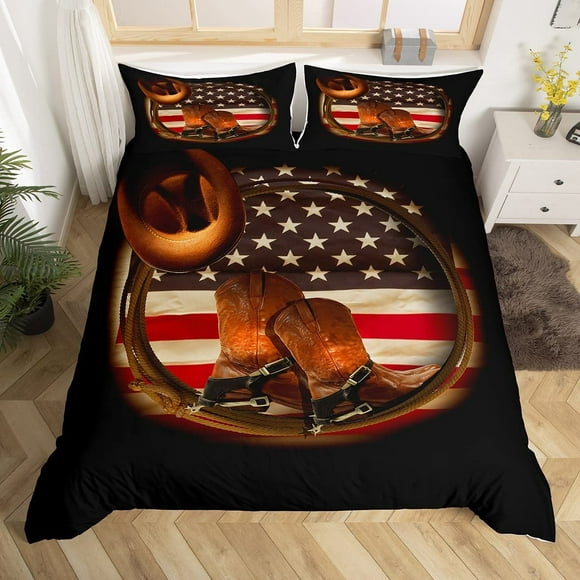 American Flag Bedding Set Twin Size for Kids Boys Bedroom,Cowboy Bed Duvet Cover Set,Retro Country Style Comforter Cover Cowboy Hat Decor 2 Pieces 1 Duvet Cover with 1 Pillowcase No Comforter