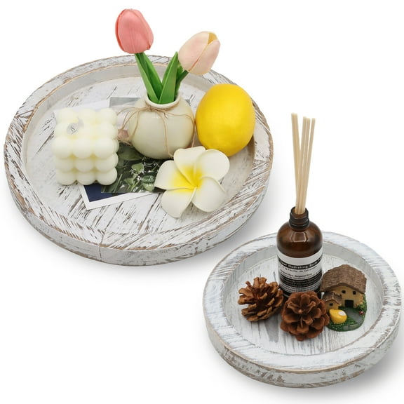 VEGCOO 2-Pack Candle Plate Holder Tray: Round Wooden Decorative Candle Plate Small Farmhouse Table Centerpiece Rustic Wood Tealight Pillar Trays for Christmas Wedding Home Decor (8.01" & 11.02")