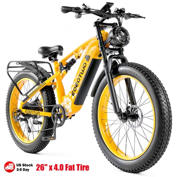 EOEOTWO E03 Class 3 Electric Bike for Adults, 750W Motor, 26" x 4.0" Fat Tires, 5-Speed Control, Full Suspension, 17.5Ah Removable Battery, 28 MPH