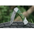 thumbnail image 5 of Back Lock Folding Knife Handmade Damascus Steel With Green Pakka Wood Engraved Steel Handle, 5 of 9