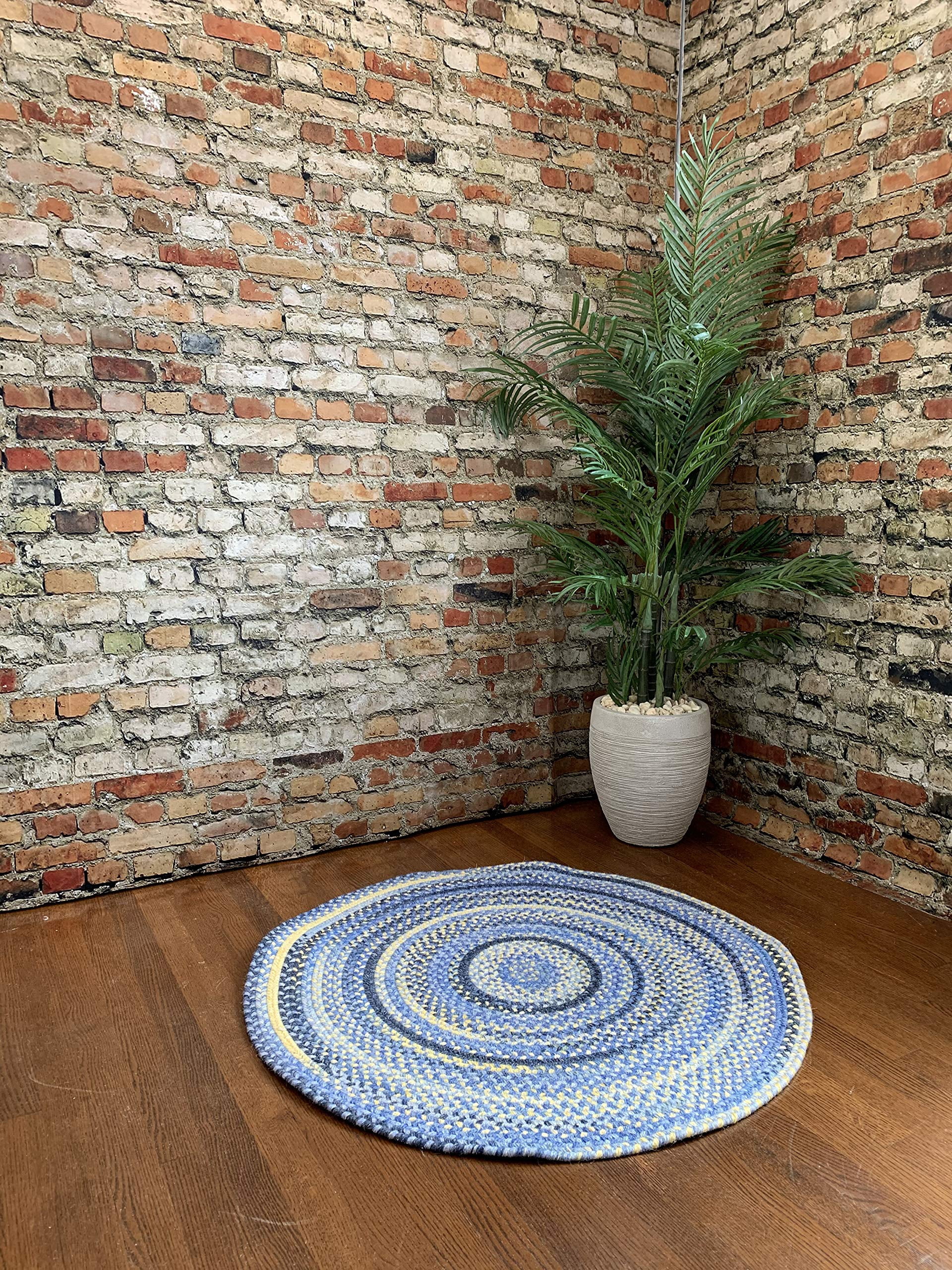 Capel Rugs American Heritage Braided Area Rug 36 Round Blue & Yellow Rug for Living Room