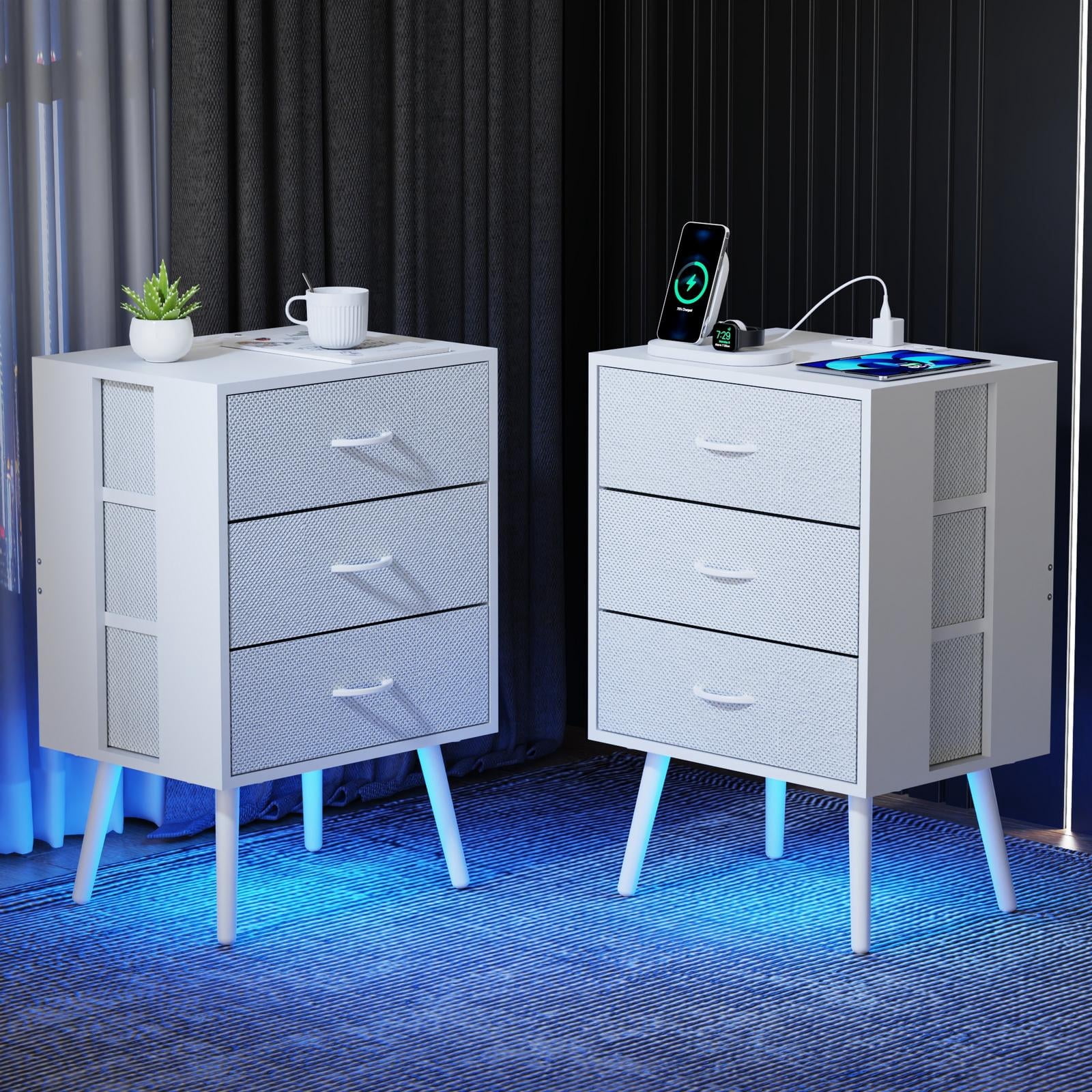 Nightstand Set of 2, Holaki Nightstand for Bedroom with Charging Station, Modern Nightstand with 3 Storage Drawer & 20 Colors LED Lights, Bedside Table for Living Room, White