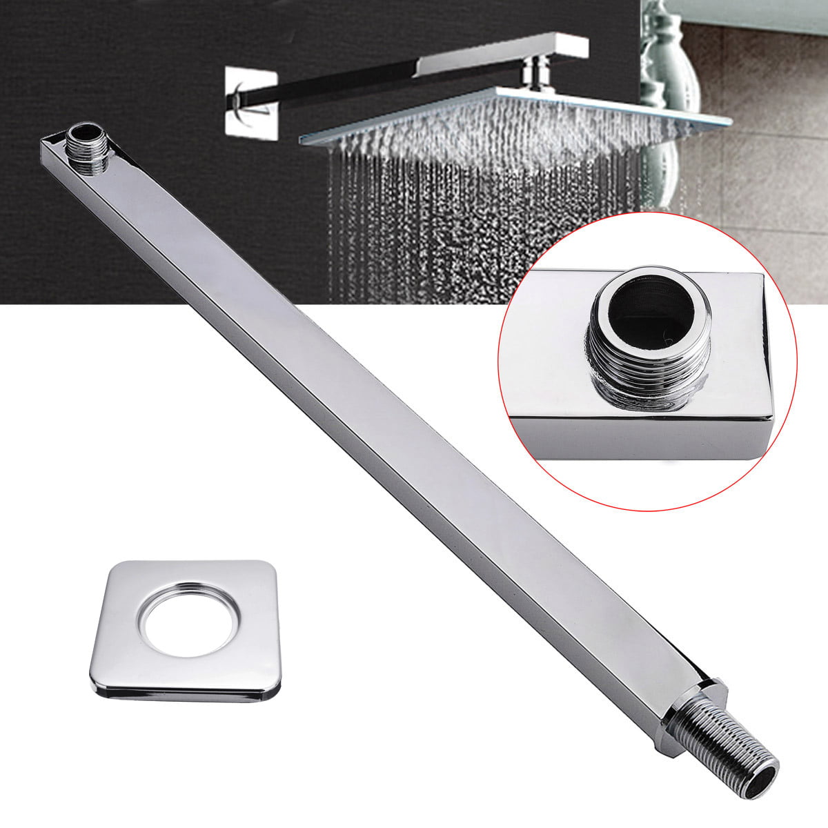 16" Stainless Steel Square Rainfall Shower Head Wall Mounted Extension Arm 40cm 