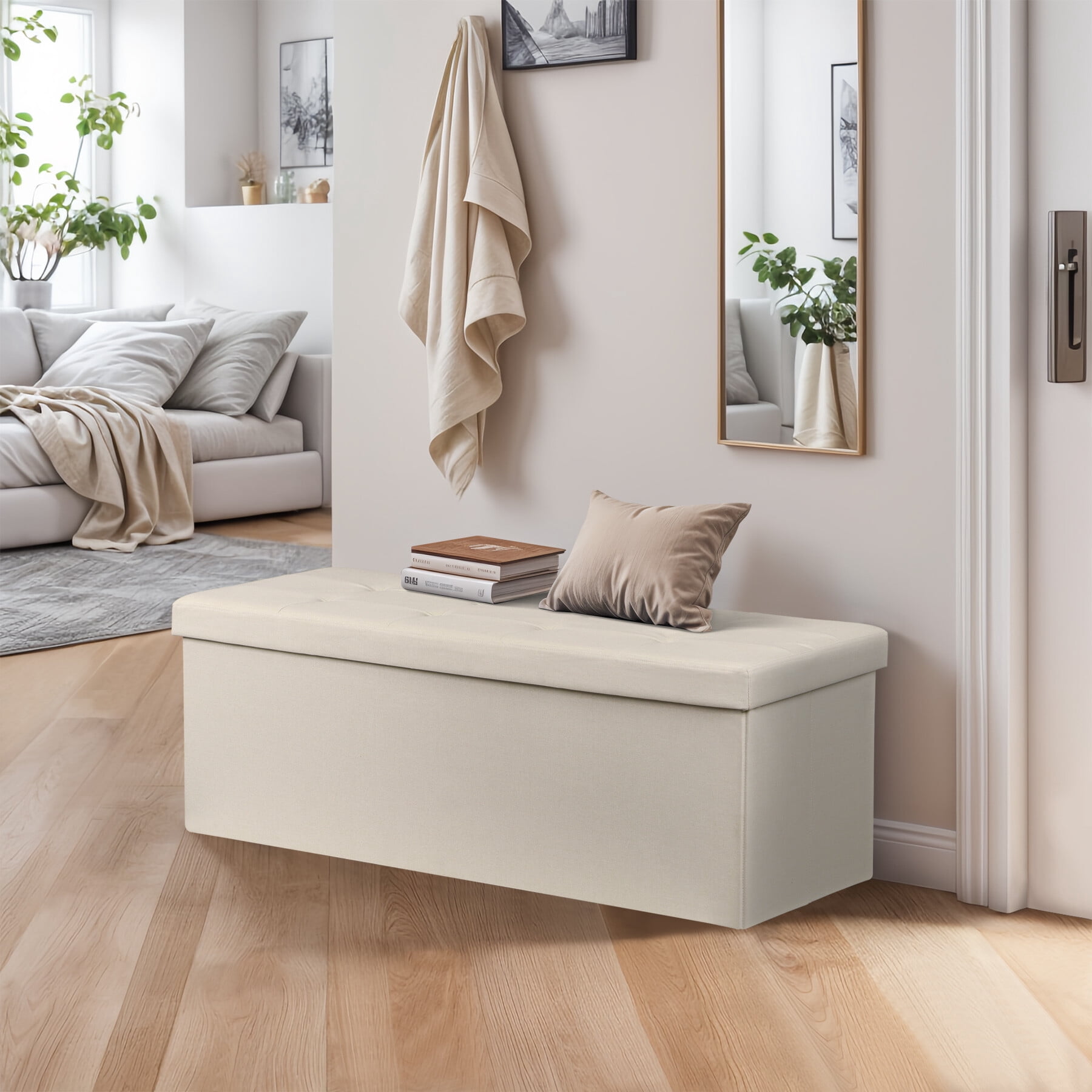 HomGarden 43'' Linen Storage Ottoman Bench, Foldable Footrest Stool W/ Divider, Cream