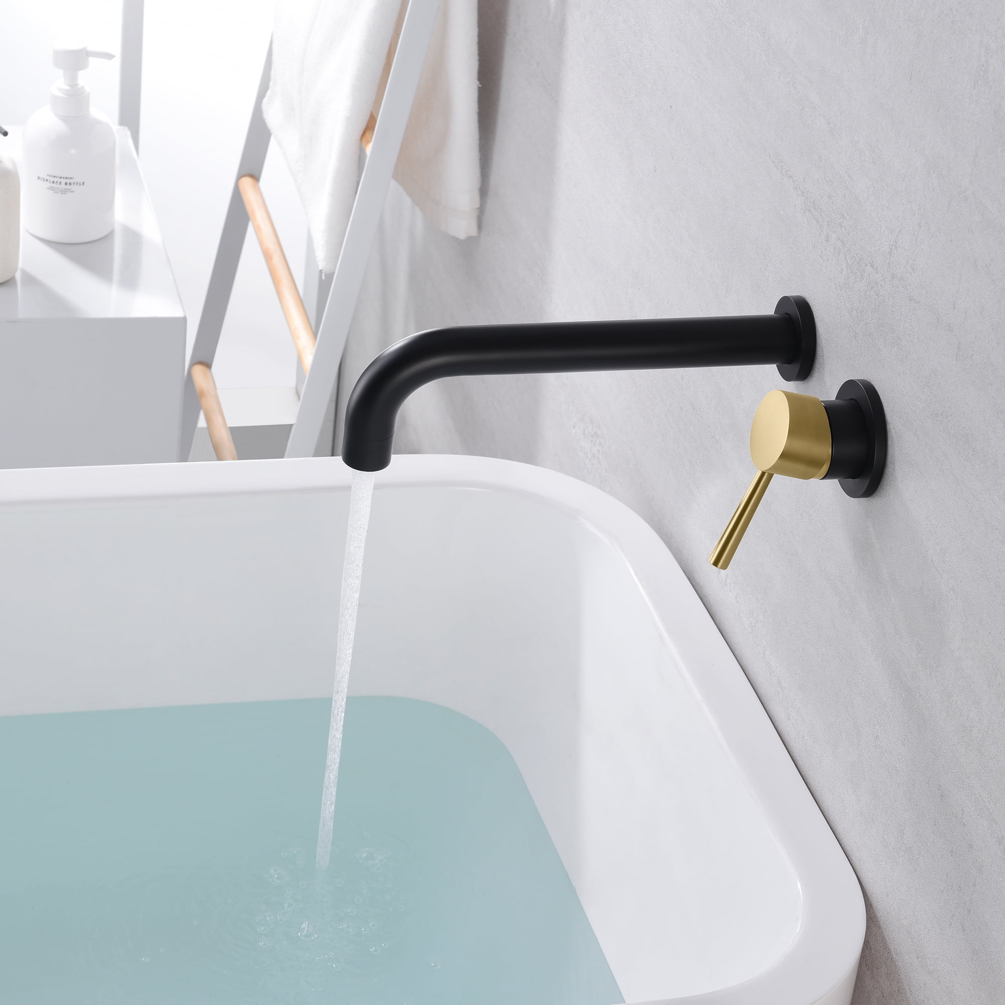 SUMERAIN Wall Mount Tub Faucet Bathroom Bathtub Faucet with Long Tub Filler Spout Black and Gold Finish Single Handle