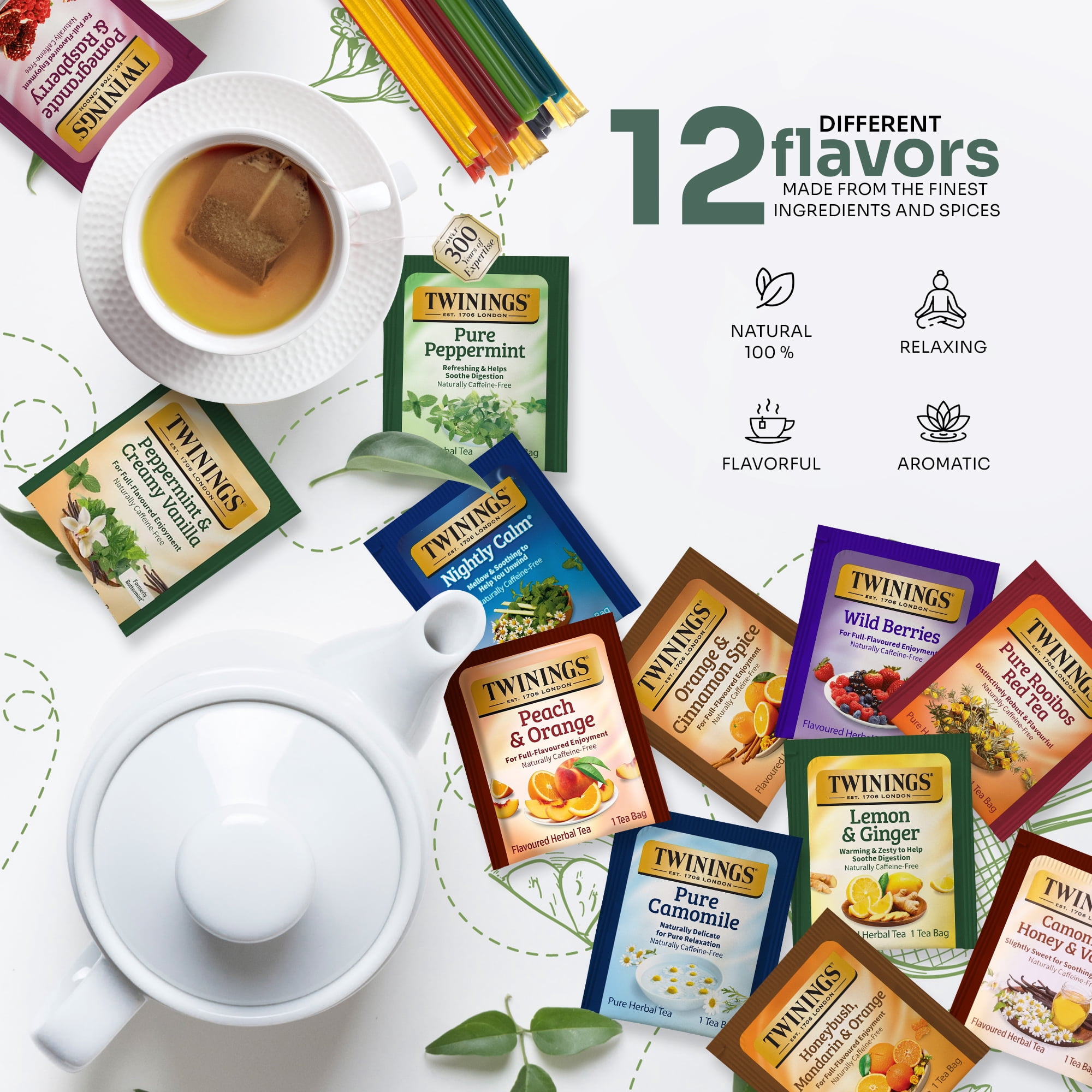Twinings Herbal Tea Bags with Honey Sticks, 48 Assorted Tea Flavors, 20 Honey Sticks, Variety Pack