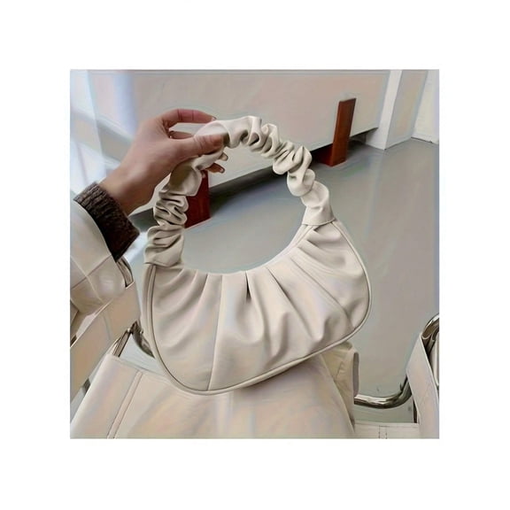 Wynndora Pleated Cloud Bag, Ruched PU Leather Hobo Handbag for Women, White