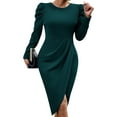 thumbnail image 2 of Dress for Women Round Neck Solid Color Side Split Bodycon Cocktail Long Sleeve Party Midi Dress Dark Green L, 2 of 7