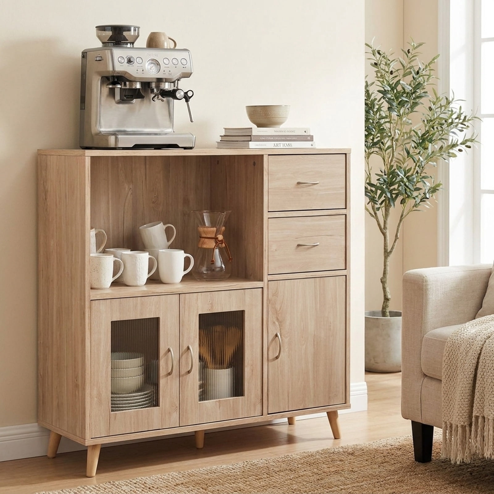Furnibear 36 Inch Sideboard Buffet Cabinet with Open Compartment for Kitchen Dining Living Room Buffet Storage Server, Natural