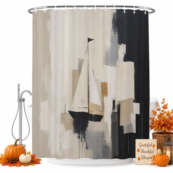 Abstract Coastal Sailboat Shower Curtain, Waterproof Shower Curtains for Bathroom, Vintage Boho Minimalist Geometric Washable Fabric Bathtub Curtain Set Bath Decor with 12 Hooks 48"x72"