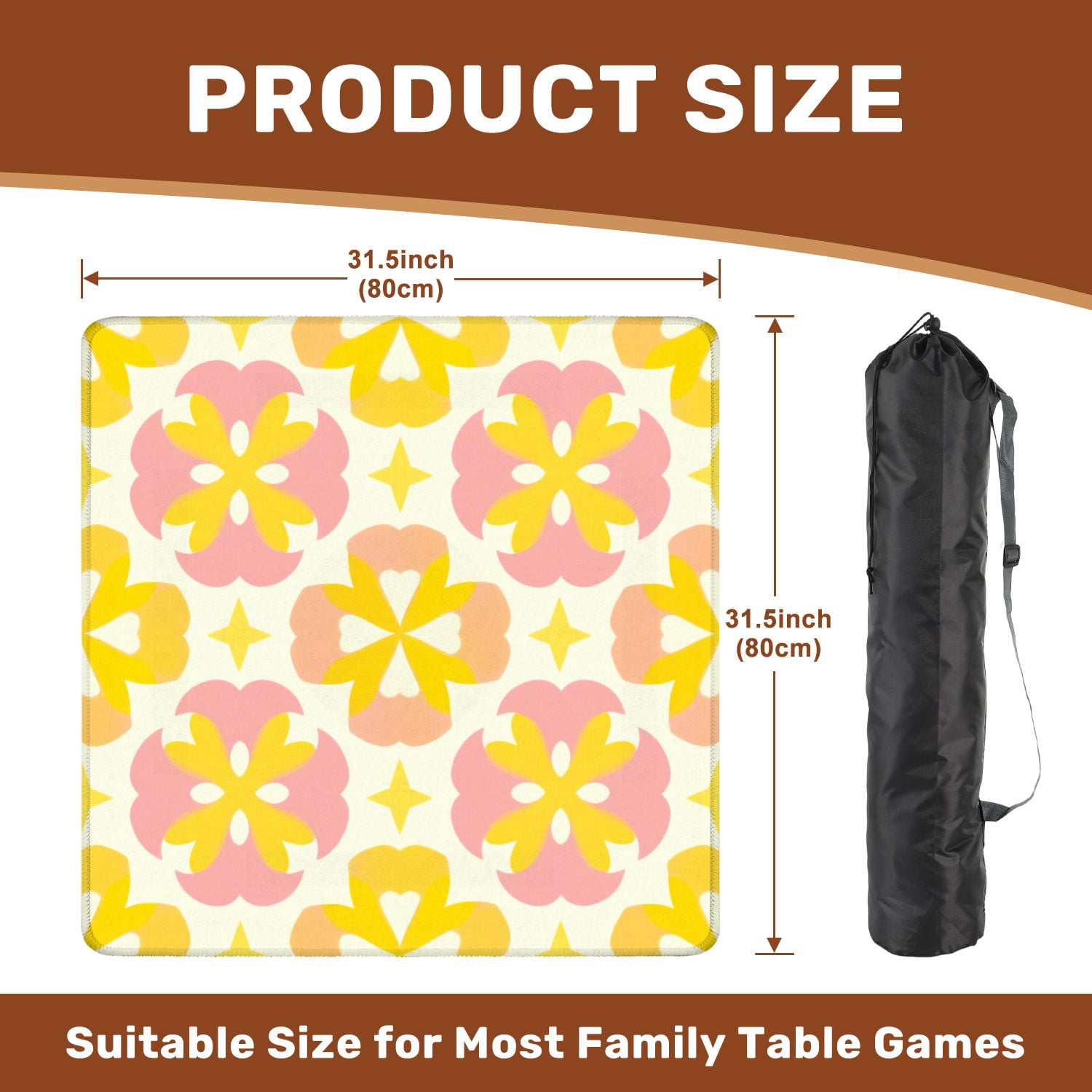 Mahjong Mat 31.5" x 31.5" Seamless Floral Yellow Pink Abstract Shapes Cream Non-Slip Noise Reduction American Mahjong Tiles Table Cover for Dominoes Poker Card Board Games Gift
