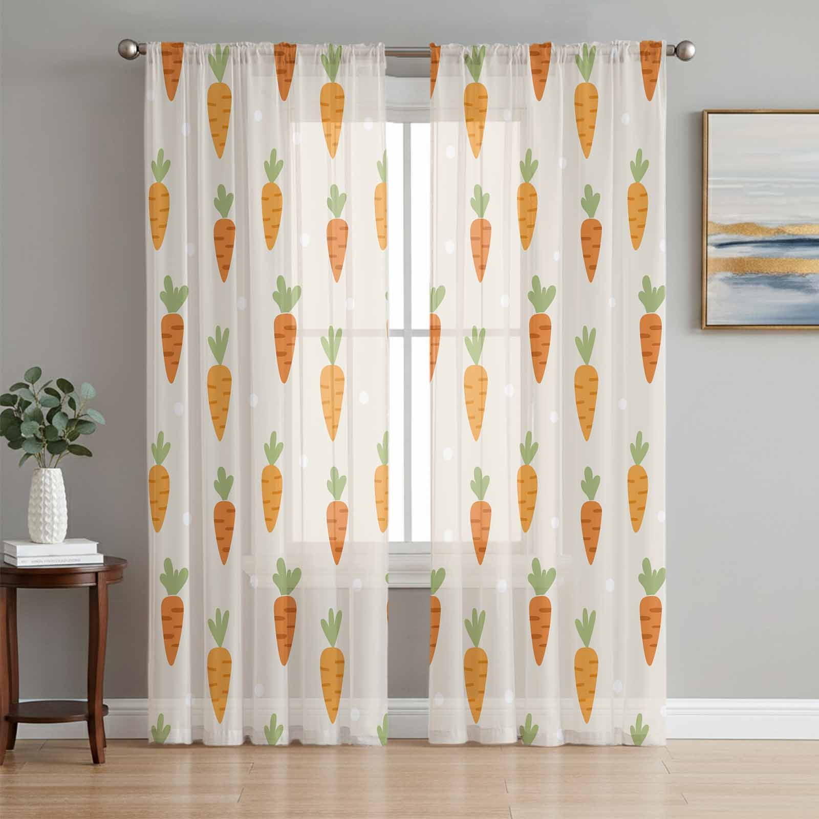 Carrots Semi Sheer Curtains 72 Inch Length 2 Panels Set Watercolor Easter Vegetables Beige Sheer Kitchen Curtain Privacy Voile Window Curtain for Living Room Bedroom Rod Pocket Drapes