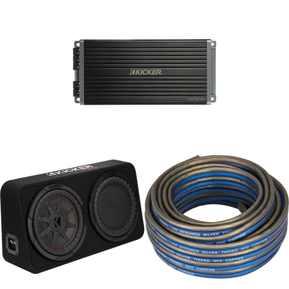 Kicker 48TCWRT102 CompRT 10" subwoofer in thin profile enclosure, 2ohm with 47KEY5001 Amp & Speaker Wire Bundle