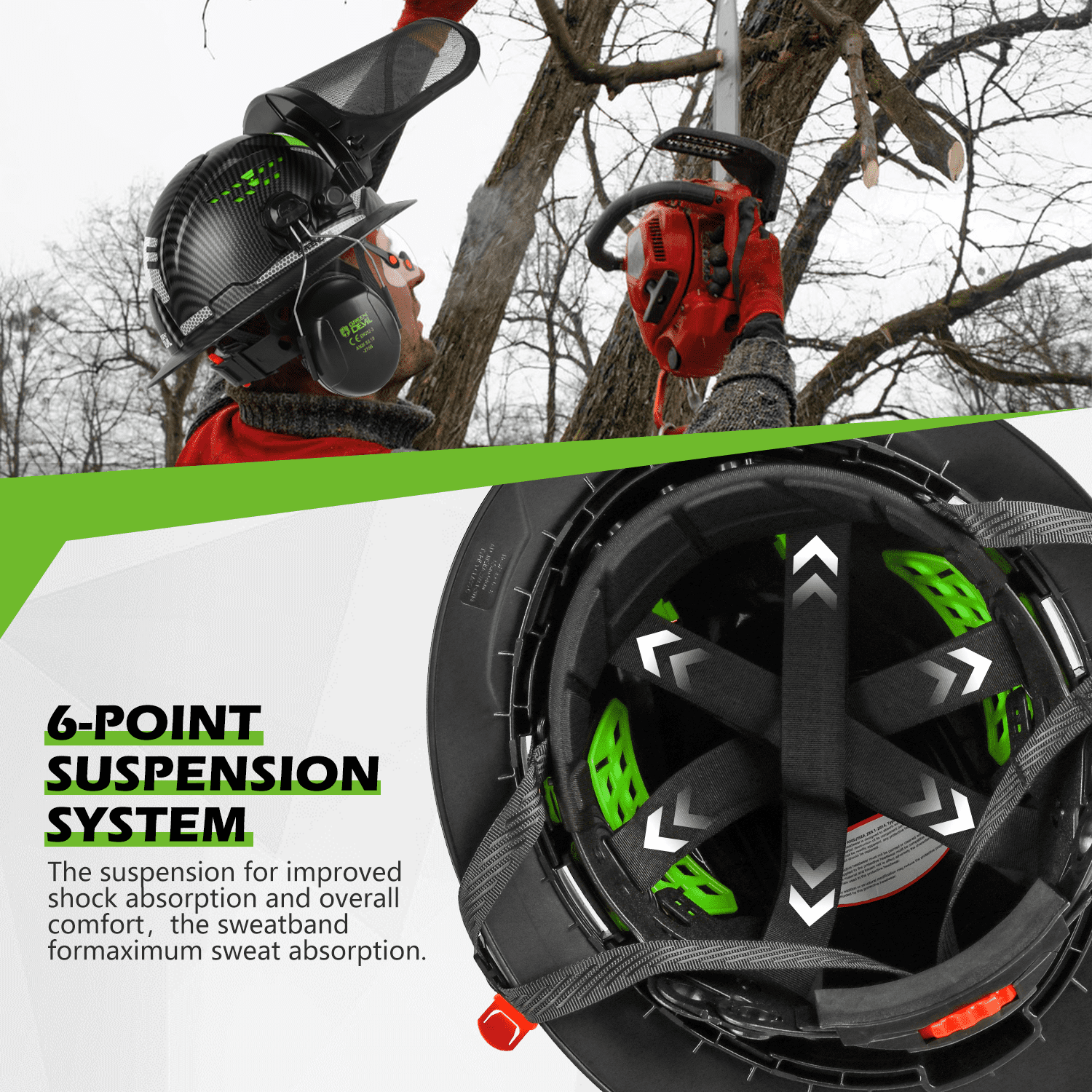 GREEN DEVIL Industrial Chainsaw Helmet with Face Shield Built in Visor and Ear Muffs 4 in 1 System ANSI Z89.1 Full Brim Safety Hard Hat Adjustable Headgear Ideal for Forestry and Arborist Work