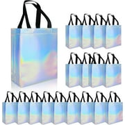 18 Pcs Glossy Iridescent Small Gift Bags Bulk, Non-woven Party Bags for Present with Sturdy Bases for Birthday, Wedding, Easter, Party, Holiday- 8x3.9x9.8 In