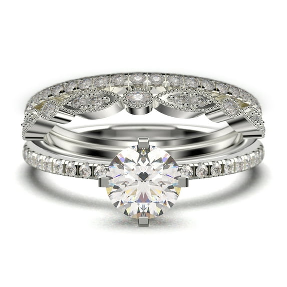 Dazzling Art deco 1.75 Carat Round Cut Diamond Moissanite Engagement Ring, Wedding Ring, Two Matching Band in 10k Solid White Gold, Gift For Girlfriend, Small Promise Ring, Trio Set