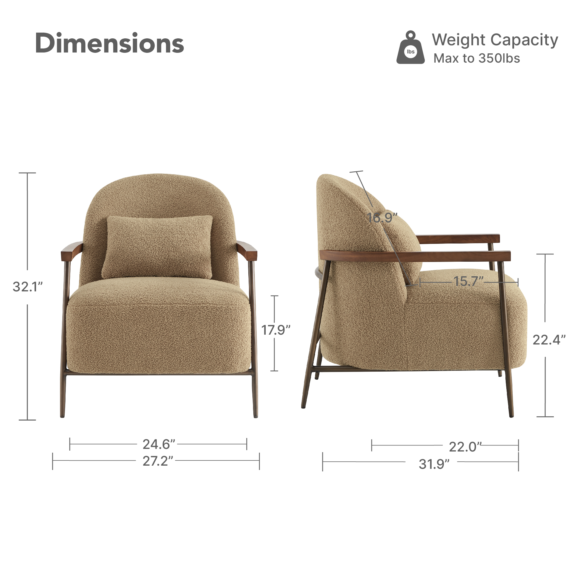Spruce & Spring Modern Upholstered Faux Sherpa Accent Chair with Wood Arms and Metal Legs, Set of 2, Camel