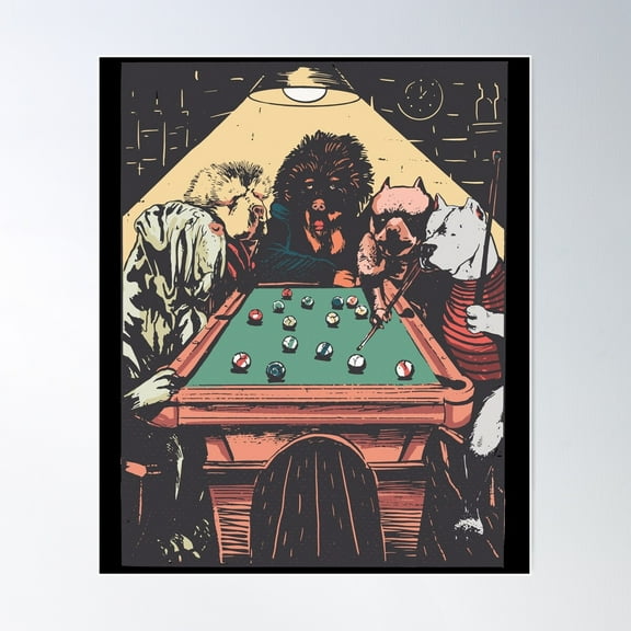Dogs Playing Pool Poster, 8x12 UNFRAMED