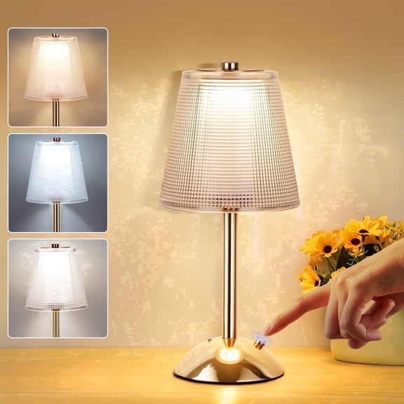 Walchoice Cordless Table Lamp, 3 Colors Dimmable LED Crystal Desk Lamp, Rechargeable Touch Lamp , Portable Night Light for Bedroom Living Room Restaurant Kitchen, Gold