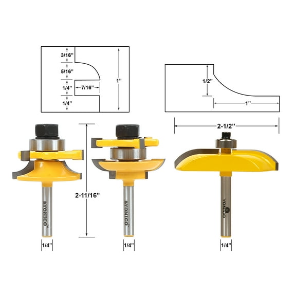 Rail and Stile w/ Panel Raiser 3Pc. Router Bit Set Cove 1/4" Shank Yonico 12339q