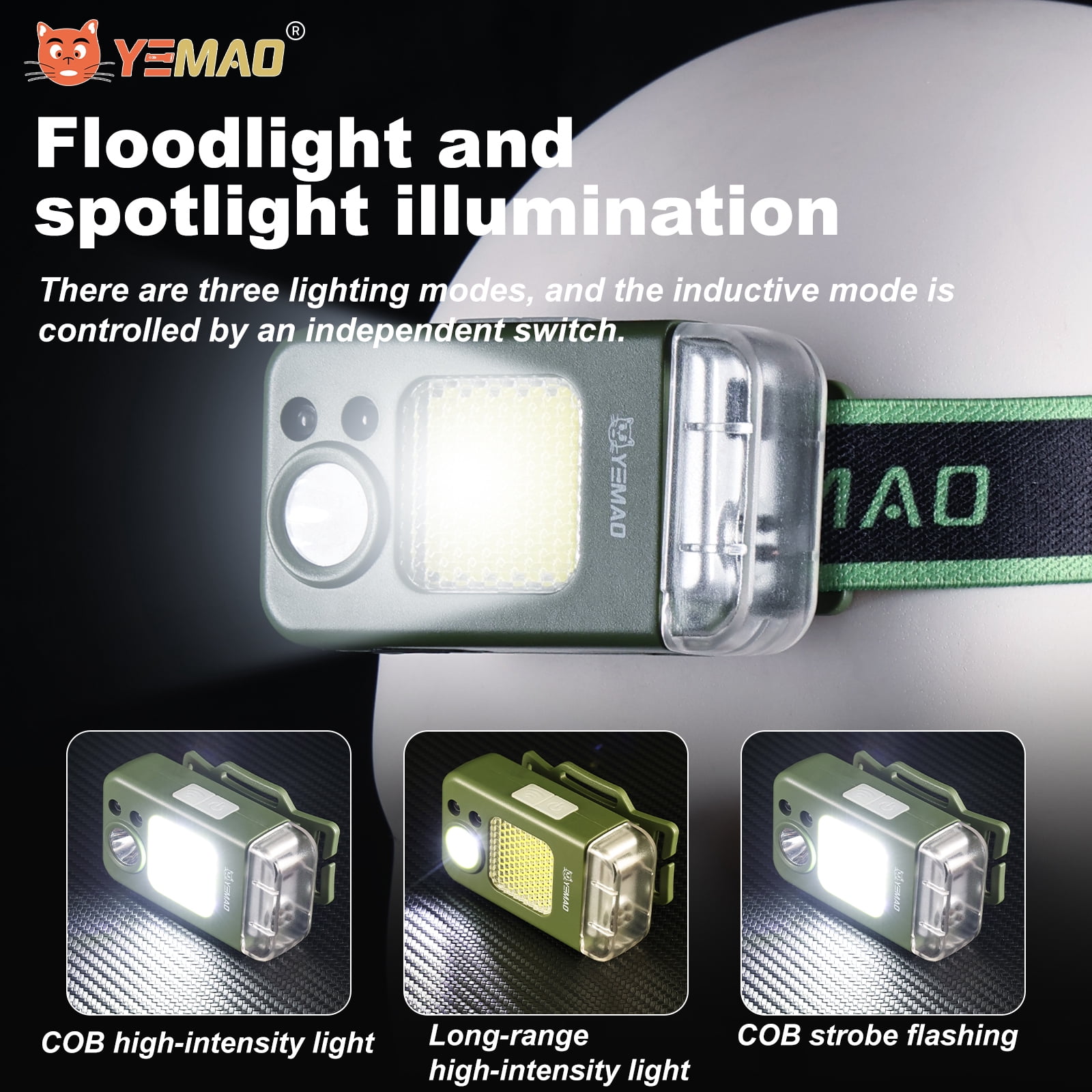 Yemao Headlamp Rechargeable, Super Bright, 6 Modes, LED, Green