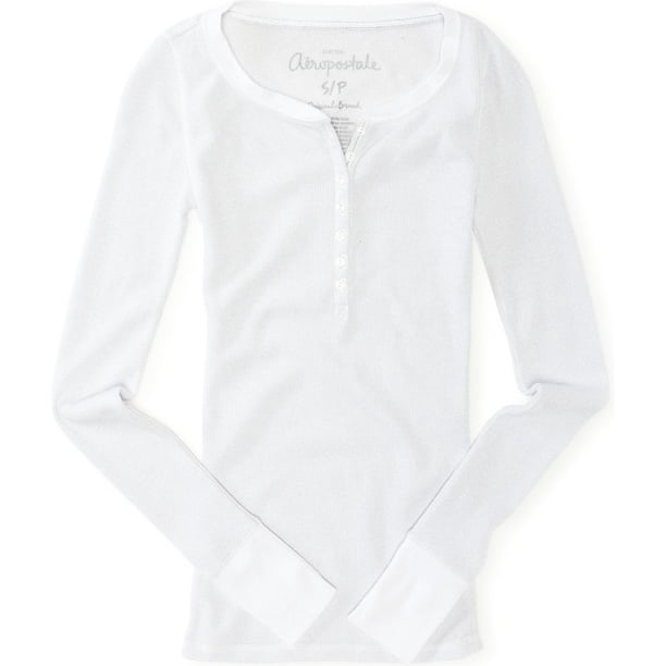 Camiseta henley de punto brillante Aeropostale para mujer color blanco talla mediana