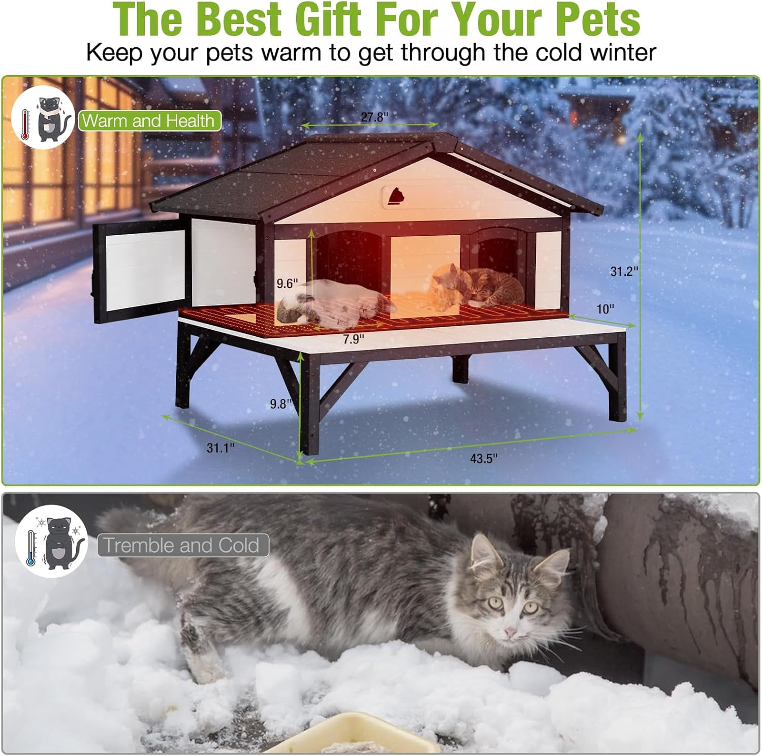 Aivituvin Heated Outdoor Cat House for Outside Weatherproof Insulated Feral Cat Shelter for Winter with Heater and Thermal Liner, Four Escape Doors and Anti-Chewing Cable for Multiple Cats, 43.5" L