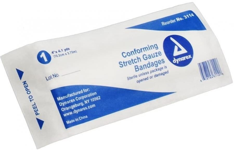 Dynarex Conforming Stretch Gauze Bandage, 1Ply, 4 Inches x 4.1 Yard, 1