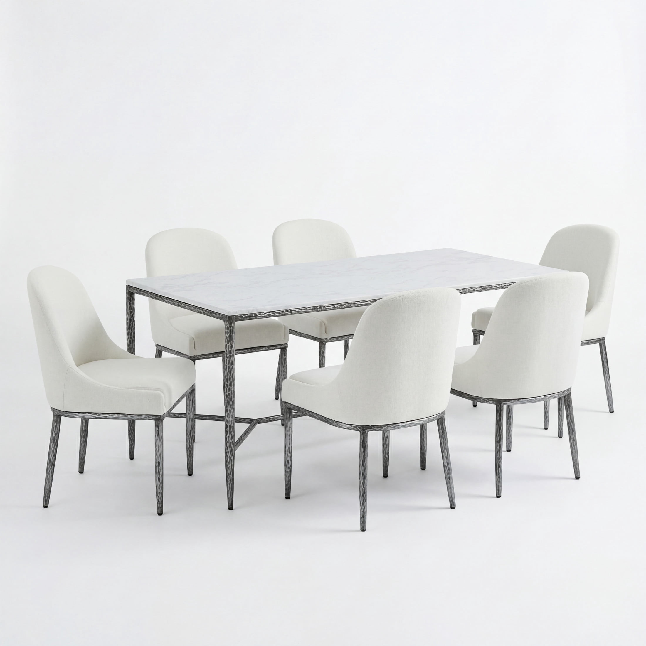 Christopher Knight Home Modern Dining Set for 6, Marble Top Table with Armless Chairs, Metal Legs, Forged Pewter