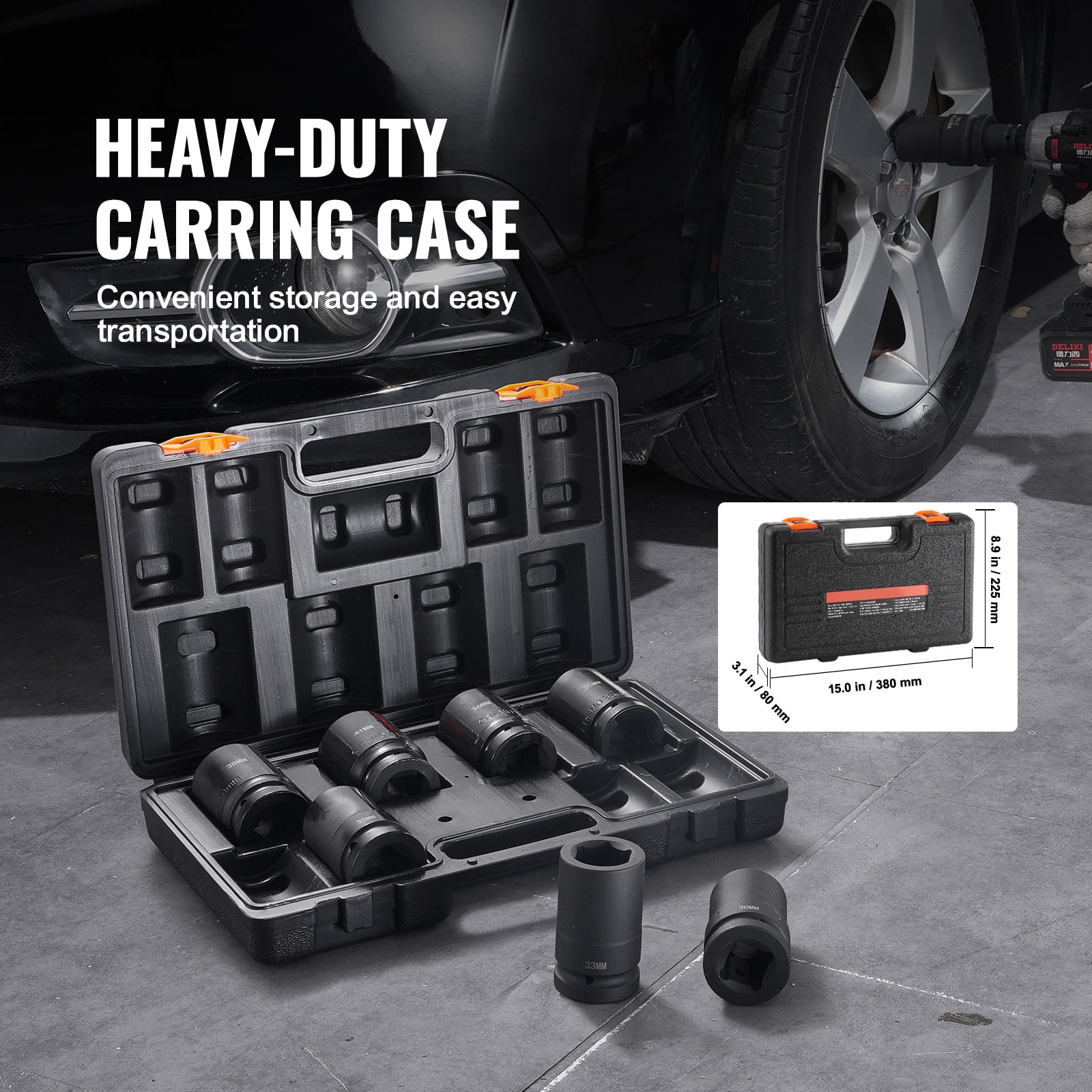 KFFKFF 1" Drive Deep Impact Socket Set, 8 Pcs, Metric 27-41mm, 6-Point, Cr-Mo Steel, for Vehicle Maintenance, Clear Size Labels, Durable Build, Comes with Case