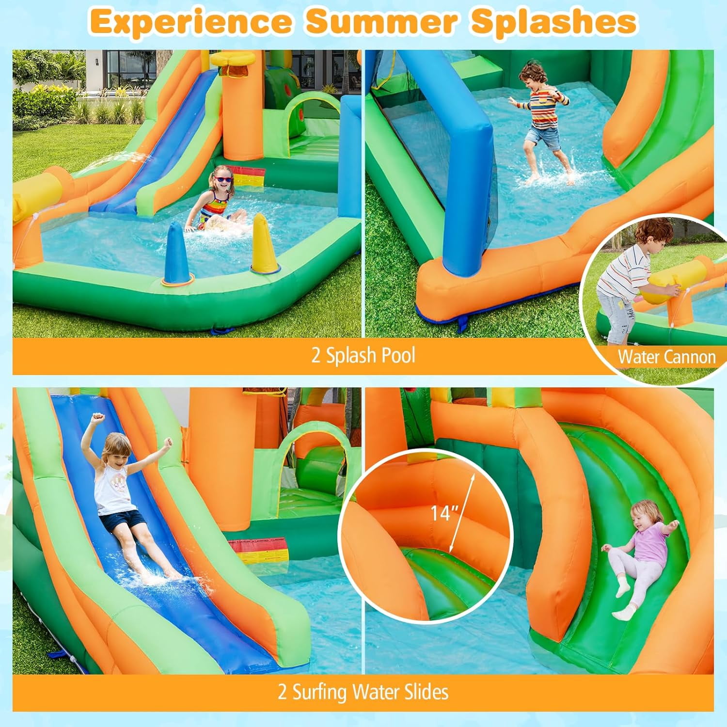 OLAKIDS Inflatable Water Slide, 9 in 1 Bounce House Water Park with Soccer Gate 2 Slides Splash Pool Water Blaster Basketball Rim, Outdoor Inflatable Obstacle Course for Kids Backyard (Without 735W)