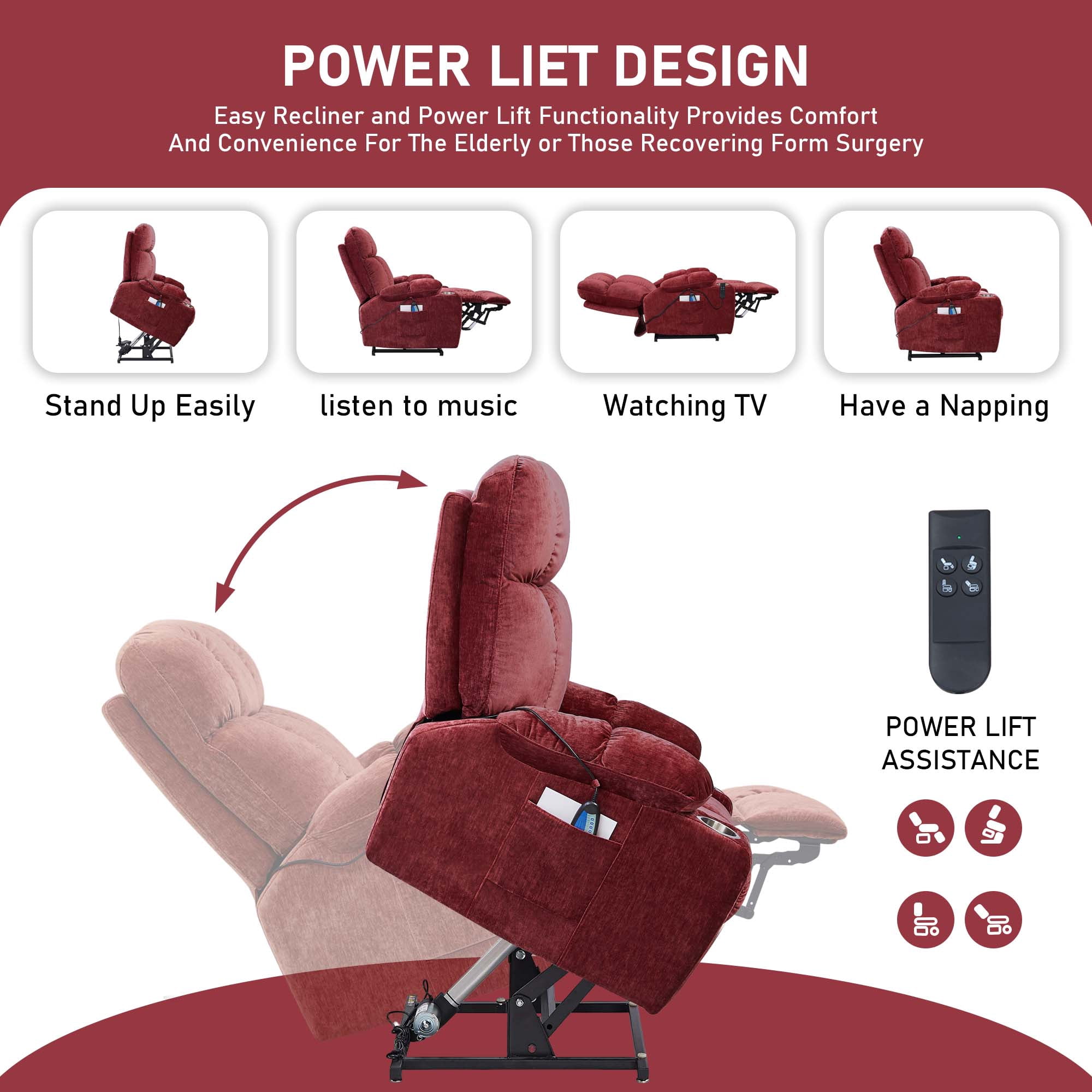 Momspeace Power Lift Recliner Chair Recliners for Elderly with Heat and Massage Recliner Chair for Living Room - Red
