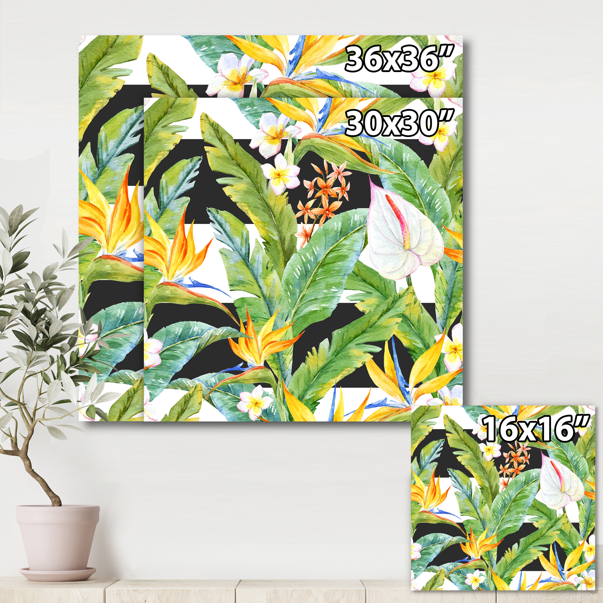 Designart ' Yellow Flowers and Tropical Foliage IV ' Modern Canvas Wall Art Print