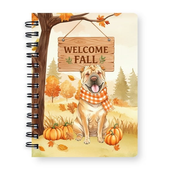 Welcome Fall Chinese Shar-Pei Cozy Autumn Field Pumpkins Golden Leaves Spiral Bound Journal Dog Lover 5x7in Spiral Notebook - 12013