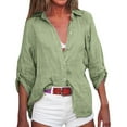thumbnail image 2 of Linen Shirts for Women, Spring Summer Solid Color Lapel 3/4 Sleeve Cardigan, Green M, 2 of 8