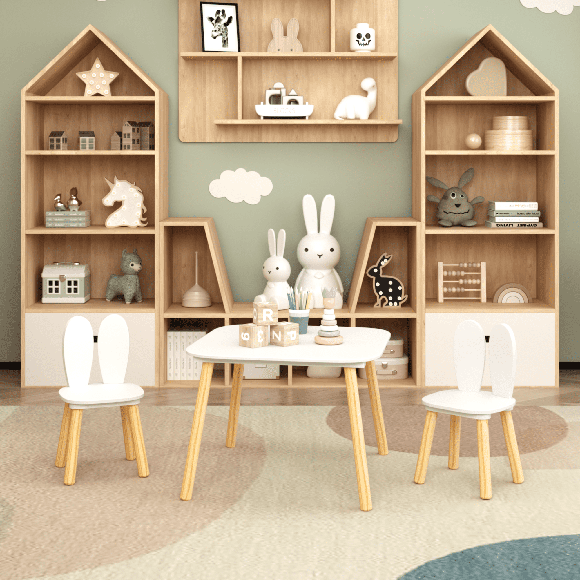 Kids Table and 2 Chairs Set, Wood Children Activity Table, 2 Animals Chairs for Reading, Drawing, Eating