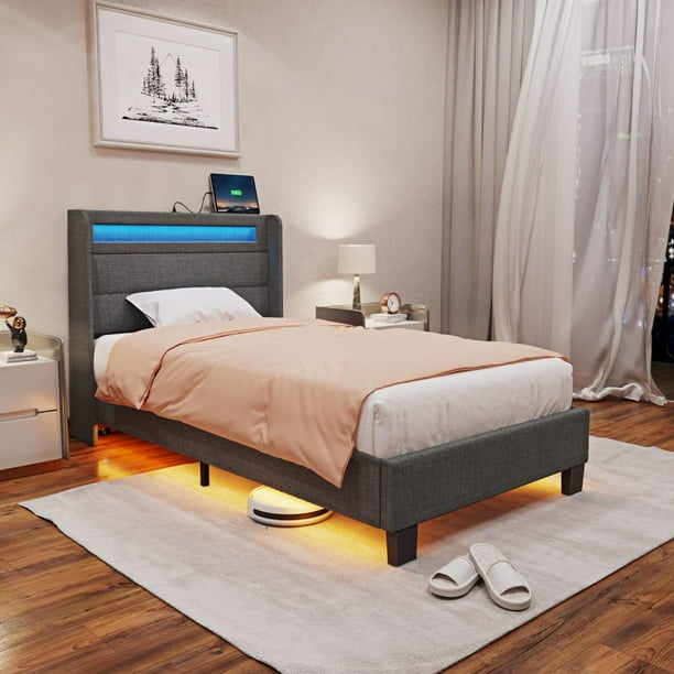 Rolanstar Twin Size Bed Frame with LED Lights and USB Ports, Upholstered Platform Bed, Dark Gray