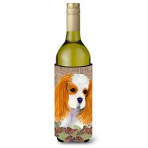 Cavalier Spaniel on Faux Burlap with Pine Cones Wine Bottle Hugger