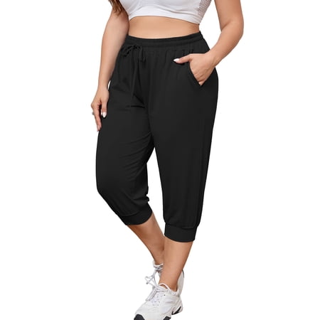 SHOWMALL Womens Plus Size Joggers Pants Casual Active Capri Sweatpants with Drawstring Pockets Black 1X