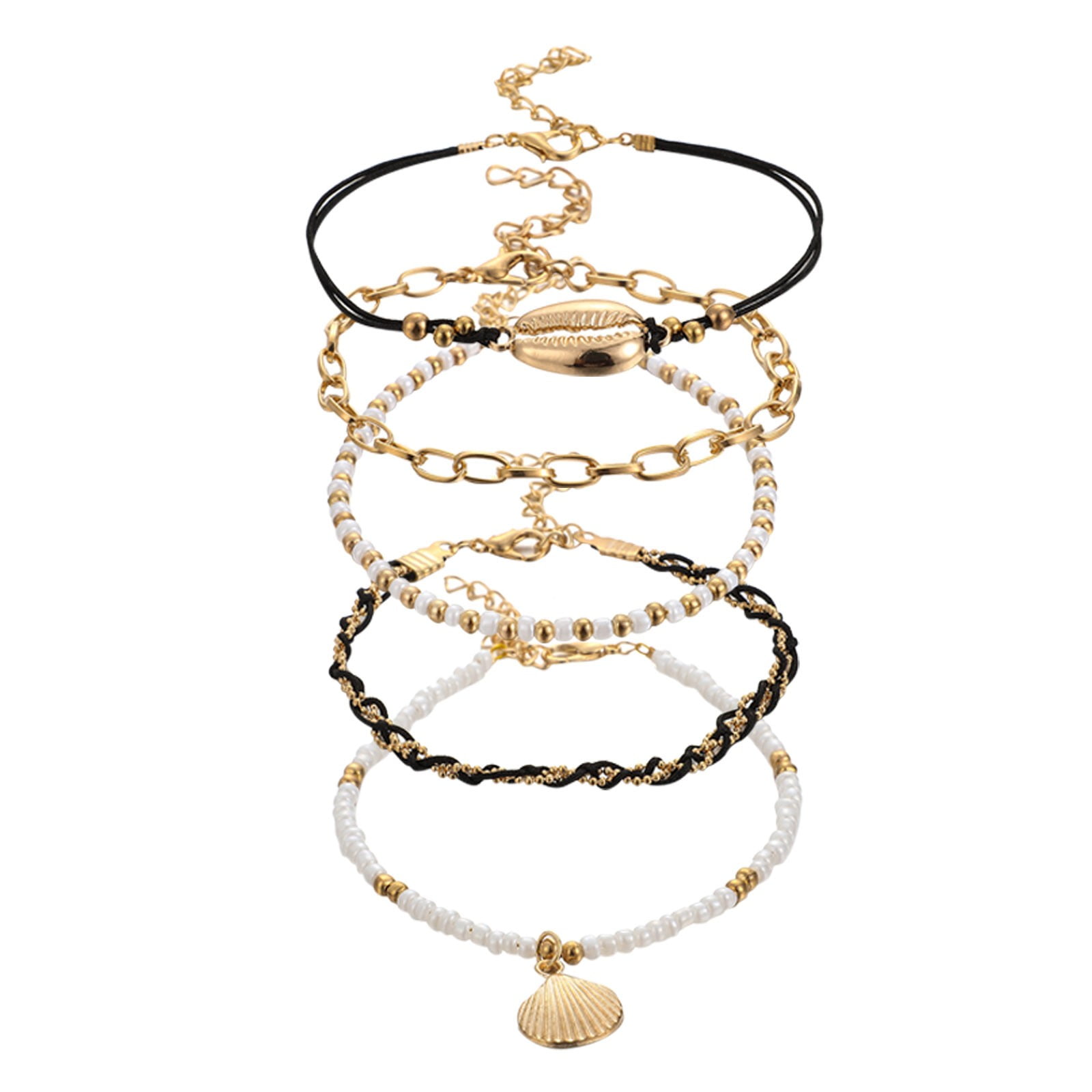 5PCS Gold Boho Single Layer Anklets For Women Seashell Pendant Foot