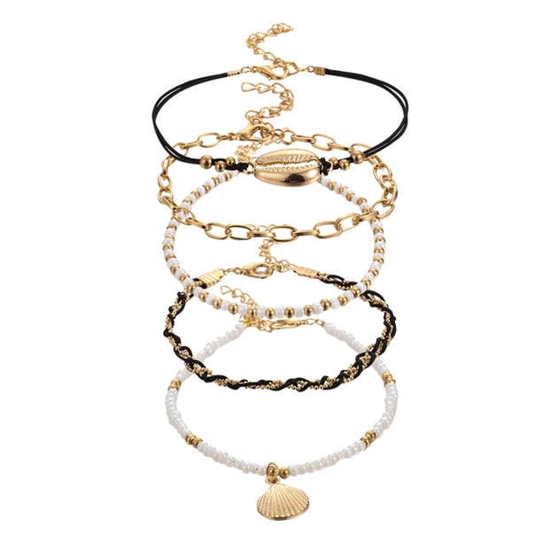 5PCS Oro Boho capa tobilleras para las mujeres de concha de mar colgante de pie cadenas de cuentas de encanto playa pulsera tobilleras