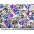 thumbnail image 3 of Soimoi Purple Poly Georgette Fabric Tiger Face,Leaves & Floral Decor Fabric Printed BTY 52 Inch Wide, 3 of 3
