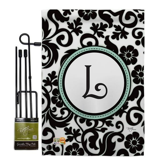 Breeze Decor BD-SB-GS-130064-IP-BO-D-US09-BD 13 x 18.5 in. Damask L Initial Interests Simply Beauty Impressions Decorative Vertical Double Sided Garden Flag Set with Banner Pole