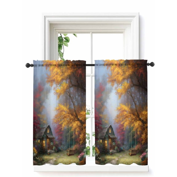 Country Forest Tier Curtains 45 Inch Length,Sheer Curtains for Bedroom Living Room Window Fall Farmhouse Trees Cabin Nature Scenery Voile Drapes Kitchen Curtains Small Half Window 27.5"x45" 2 Panels